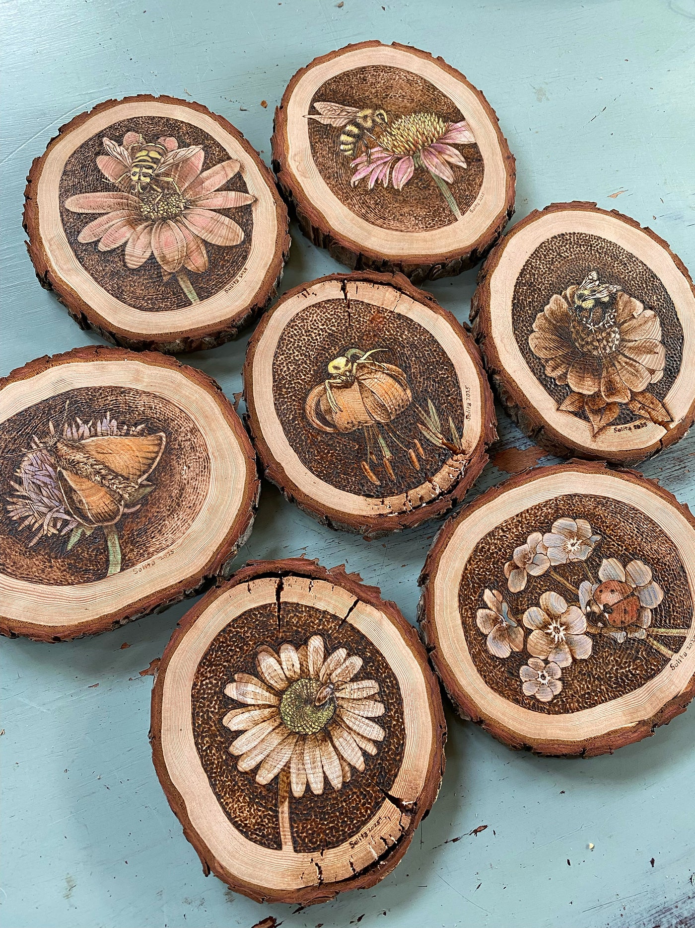 Wood "Bugs on Flowers" Art Series